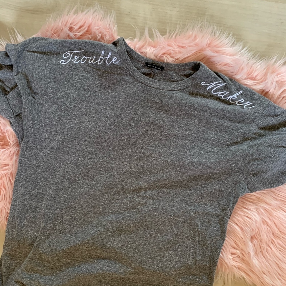 Embroidered Trouble Maker heather grey t shirt